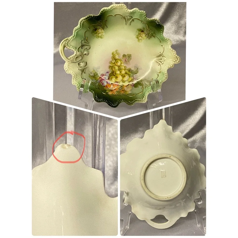 Two Antique Hand Painted Austria Bowl And Saucer Painted /Green Grapes PreOwned